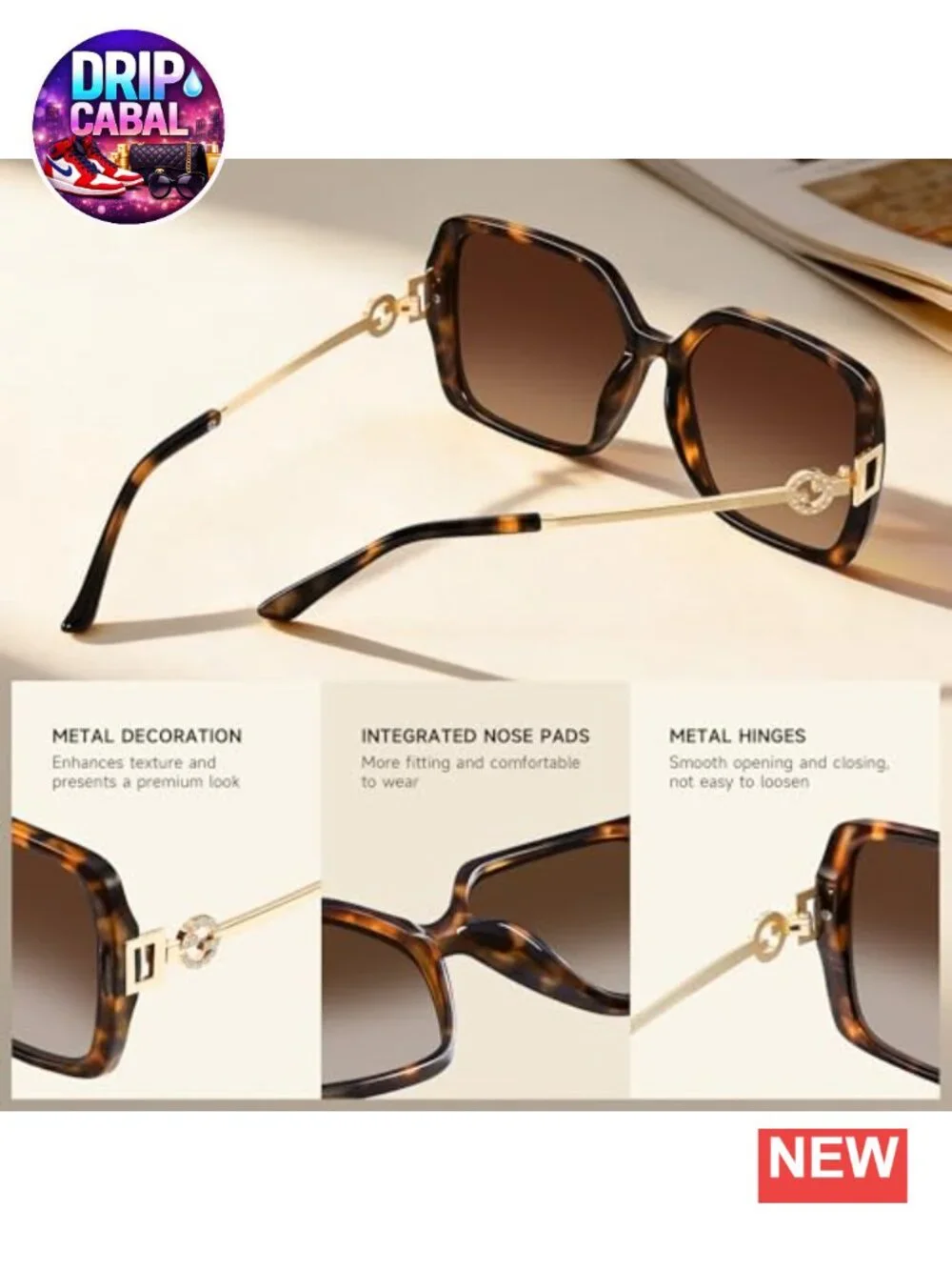 Oversized Retro Square Sunglasses for Women UV Protection Polarized Metal Temple